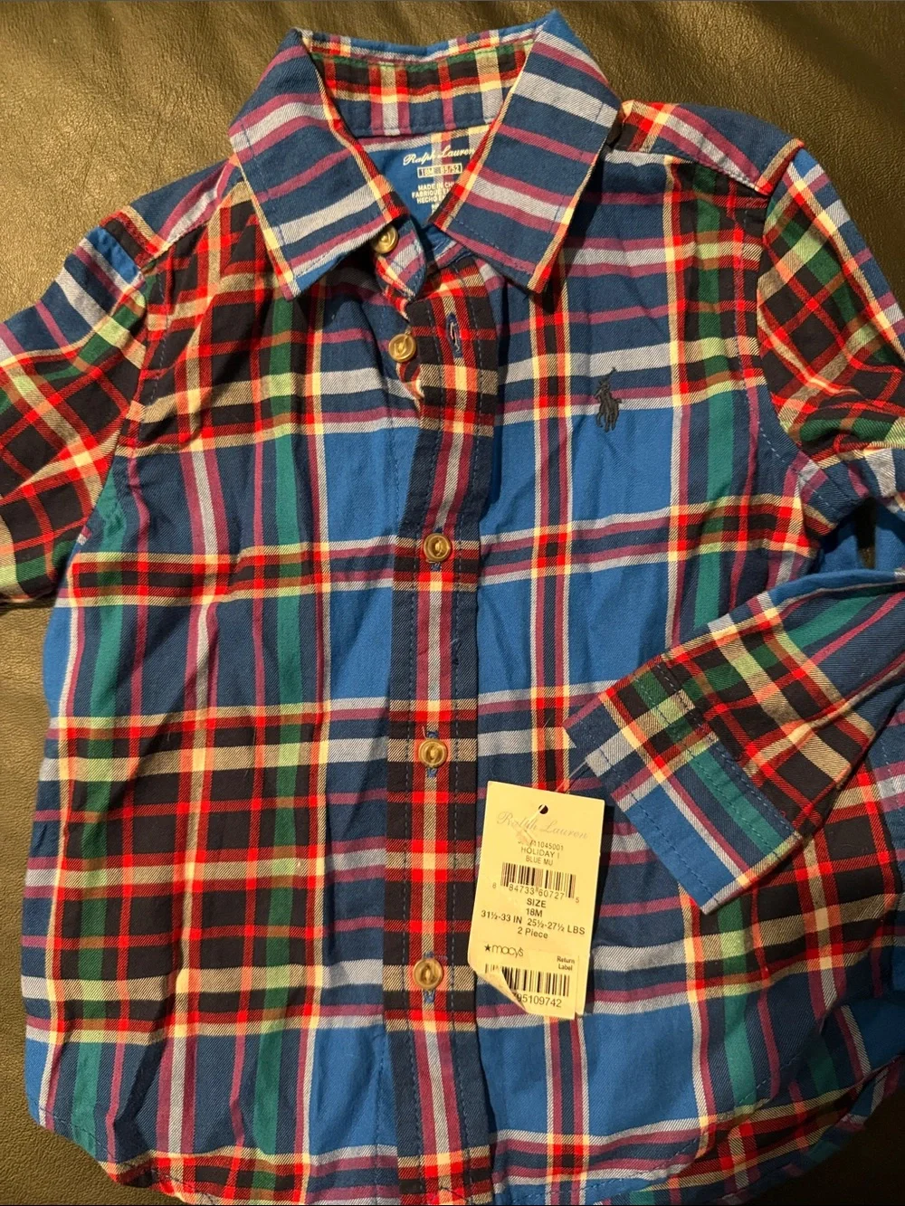 2 piece lot Ralph Lauren Baby Navy Hoodie & Blue Plaid Button-Up Shirt Set 18M